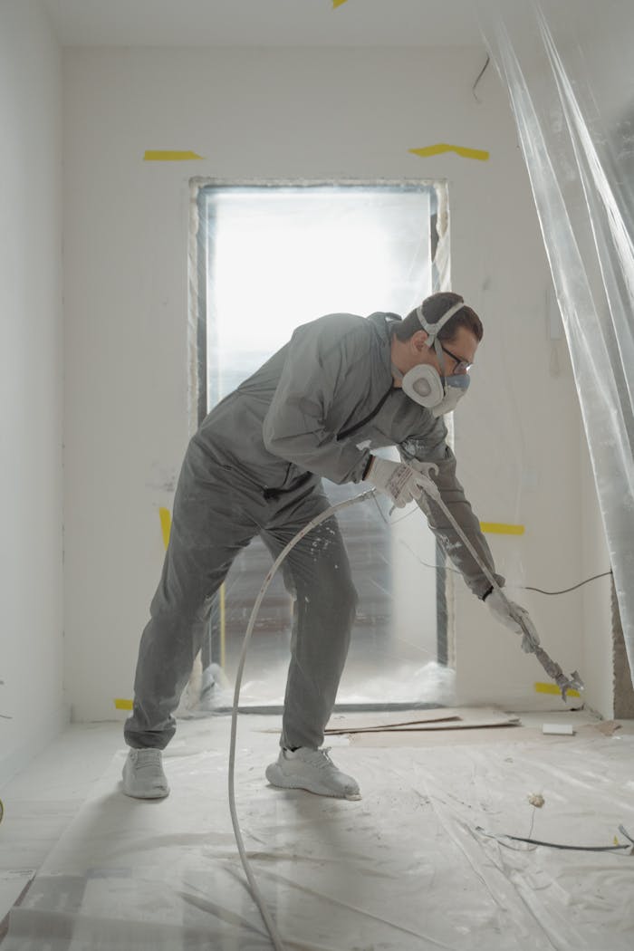 Mastering the First Impression: Your intriguing post title goes here Worker applying paint with a spray gun in a protected indoor renovation site.